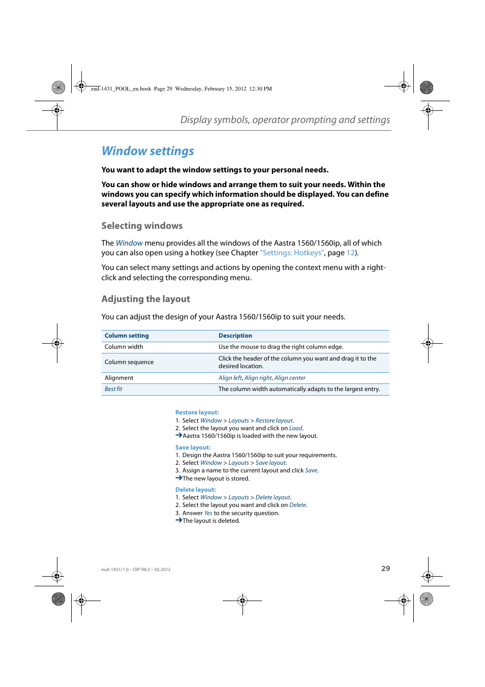 Window settings, Selecting windows, Adjusting the layout | Display symbols, operator prompting and settings | AASTRA 1560_1560ip User Guide User Manual | Page 29 / 104