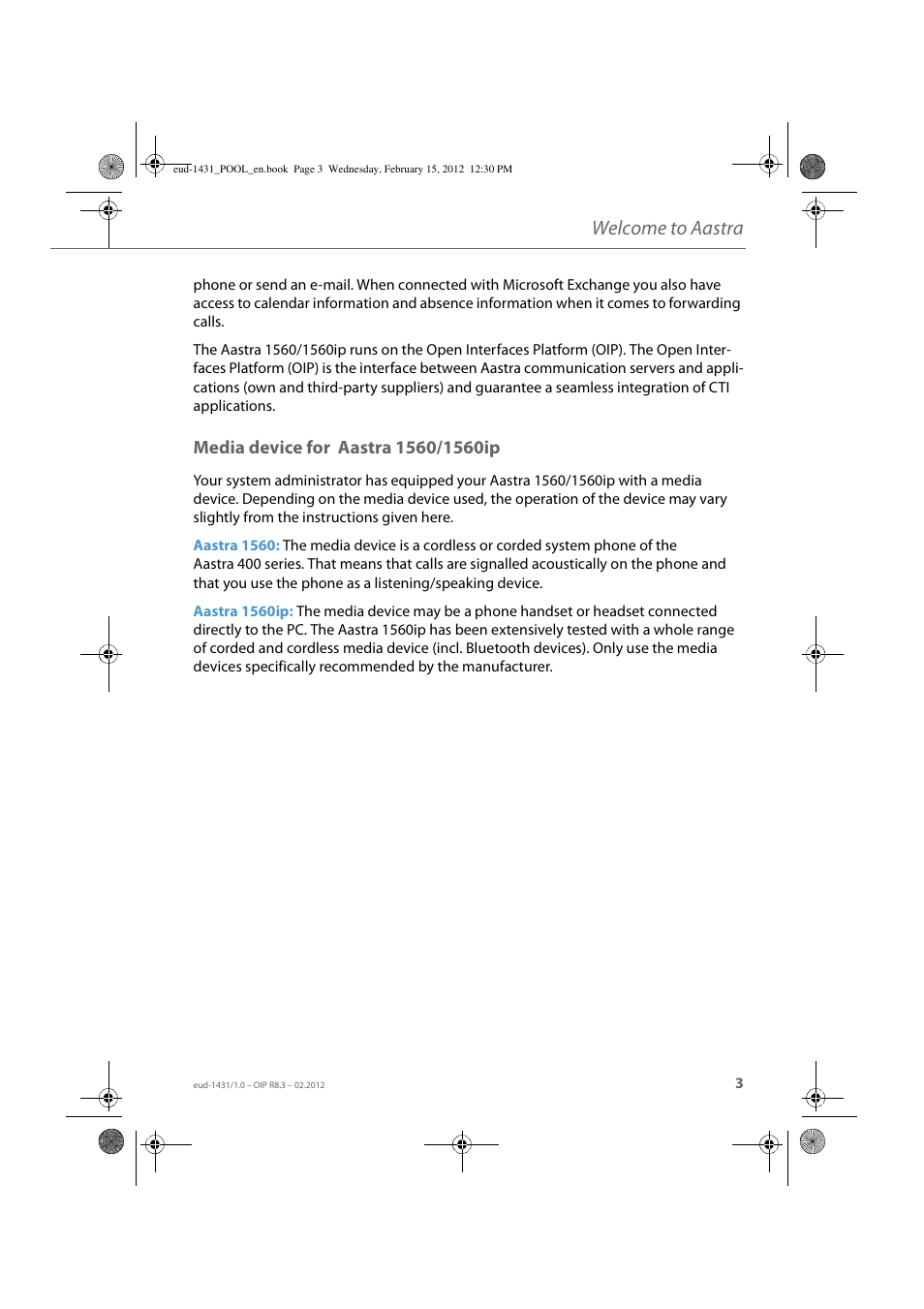 Media device for aastra 1560/1560ip, Welcome to aastra | AASTRA 1560_1560ip User Guide User Manual | Page 3 / 104