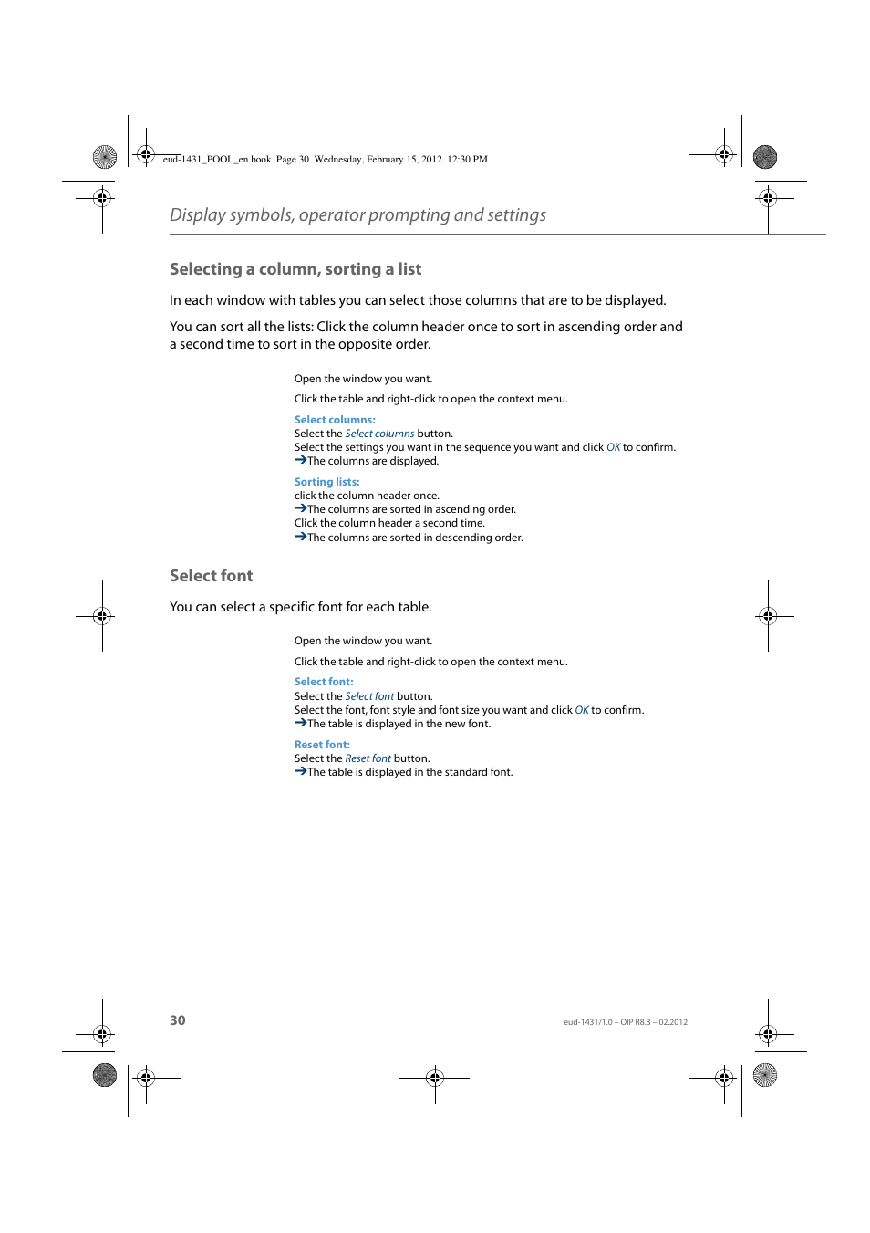 Selecting a column, sorting a list, Select font, Display symbols, operator prompting and settings | AASTRA 1560_1560ip User Guide User Manual | Page 30 / 104