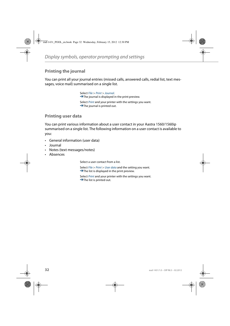 Printing the journal, Printing user data, Display symbols, operator prompting and settings | AASTRA 1560_1560ip User Guide User Manual | Page 32 / 104