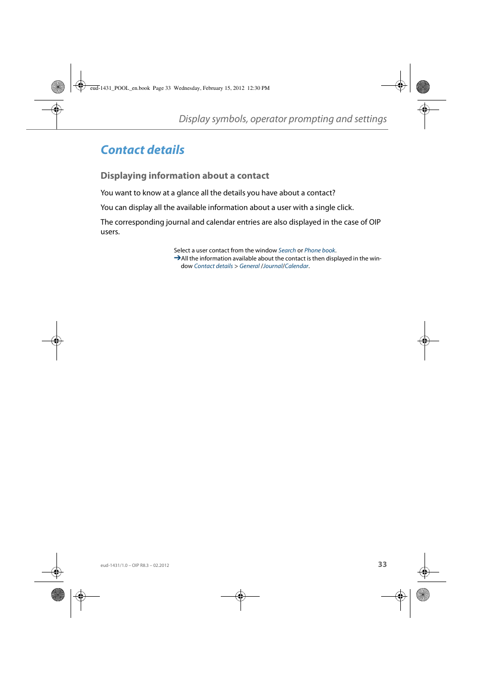 Contact details, Displaying information about a contact, Display symbols, operator prompting and settings | AASTRA 1560_1560ip User Guide User Manual | Page 33 / 104