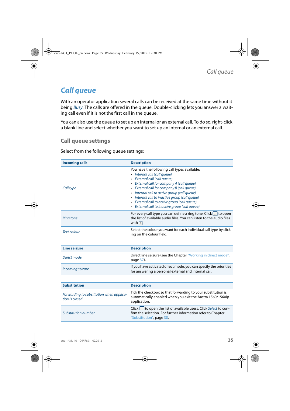 Call queue, Call queue settings | AASTRA 1560_1560ip User Guide User Manual | Page 35 / 104