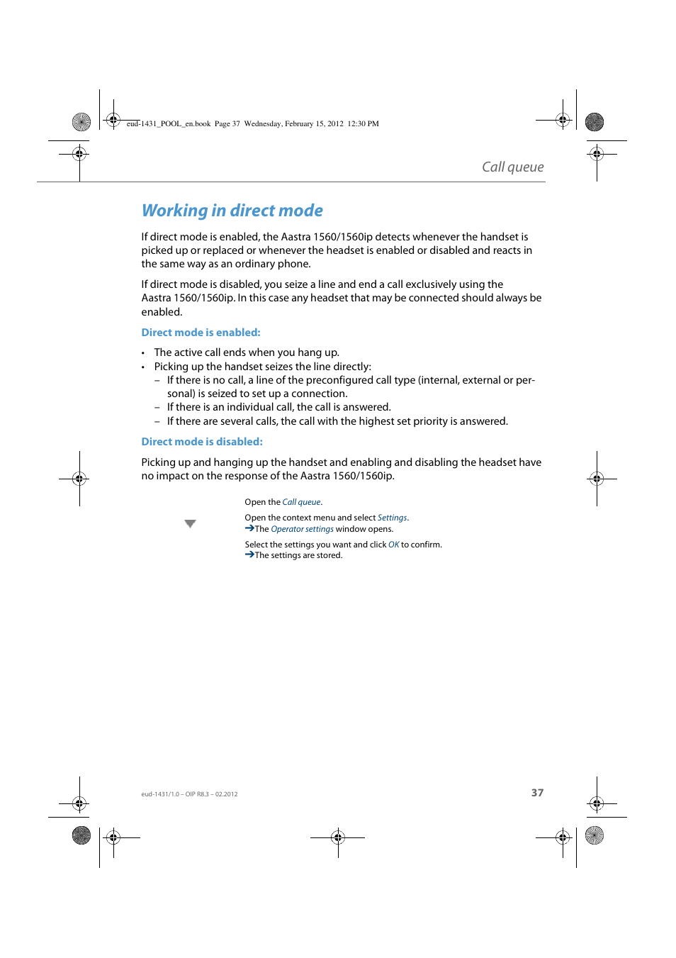 Working in direct mode, Call queue | AASTRA 1560_1560ip User Guide User Manual | Page 37 / 104