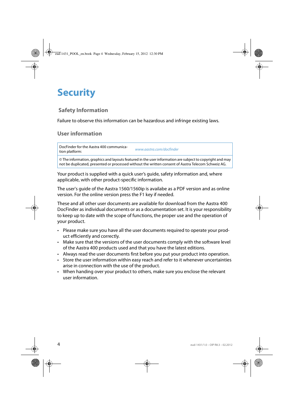 Security, Safety information, User information | AASTRA 1560_1560ip User Guide User Manual | Page 4 / 104