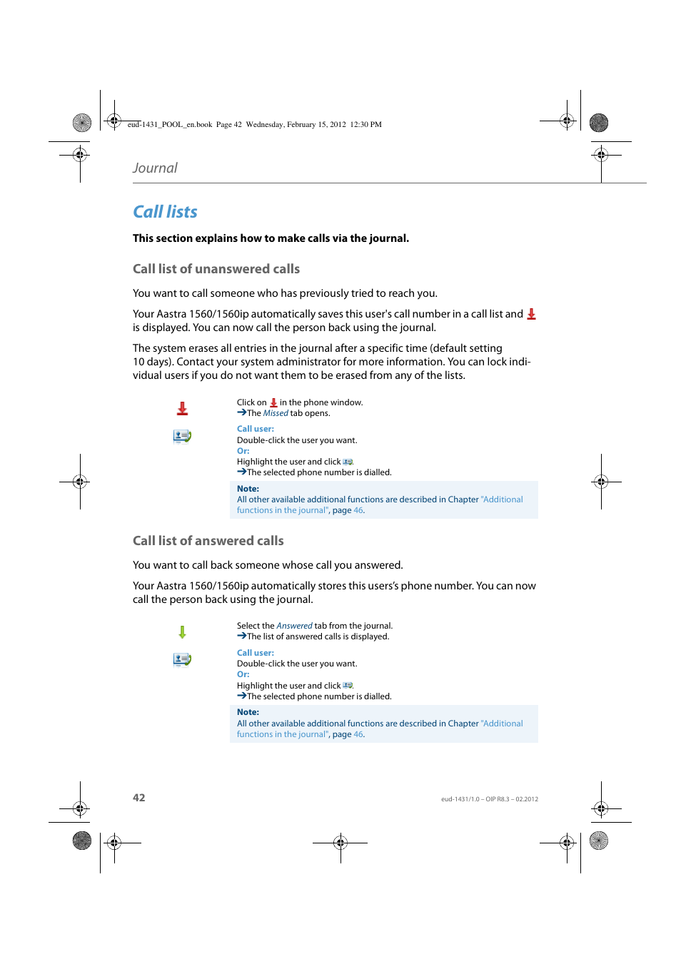 Call lists, Call list of unanswered calls, Call list of answered calls | Journal | AASTRA 1560_1560ip User Guide User Manual | Page 42 / 104