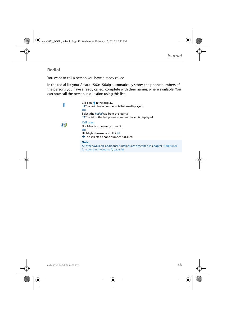 Redial, Journal | AASTRA 1560_1560ip User Guide User Manual | Page 43 / 104
