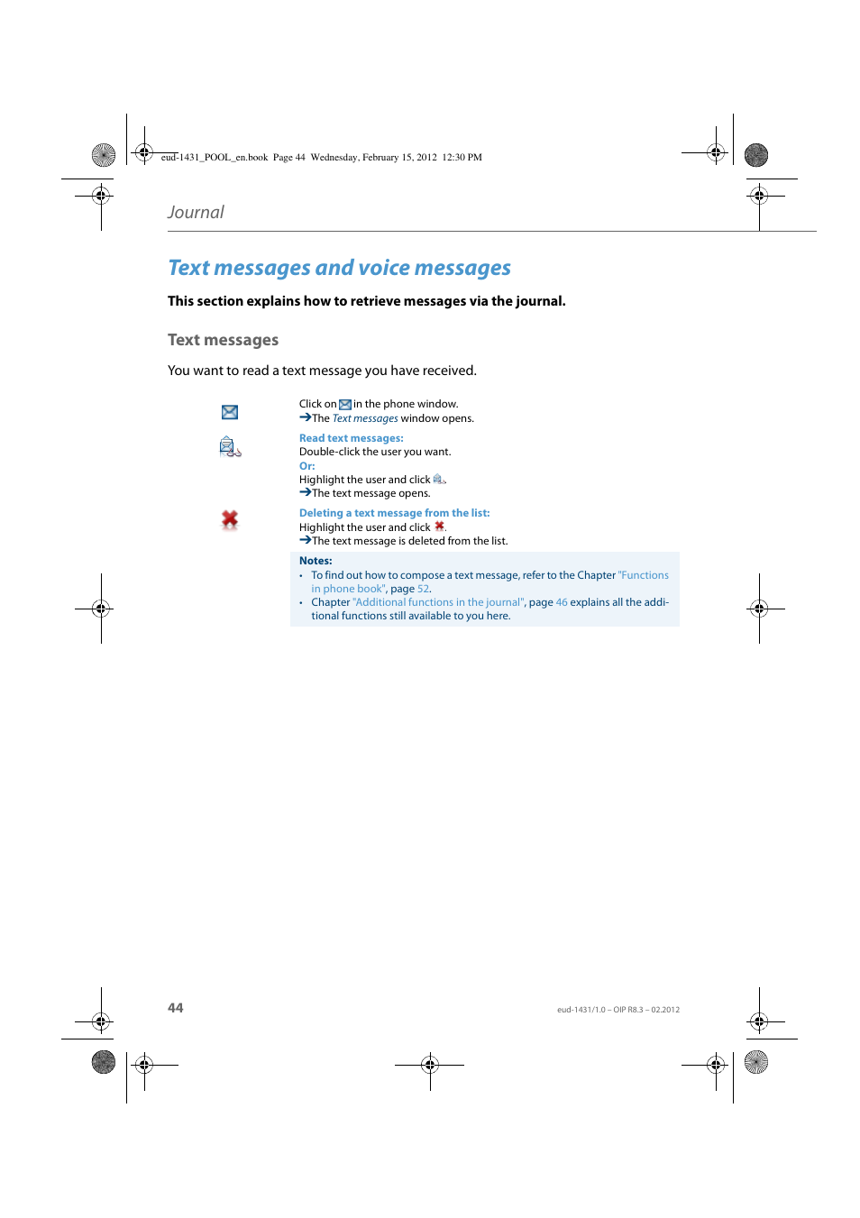 Text messages and voice messages, Text messages, Journal | AASTRA 1560_1560ip User Guide User Manual | Page 44 / 104