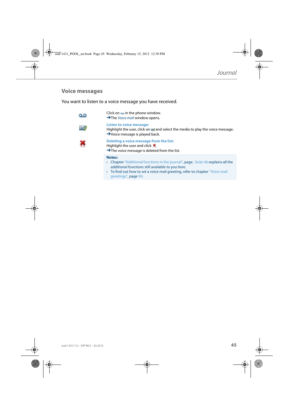 Voice messages, Journal | AASTRA 1560_1560ip User Guide User Manual | Page 45 / 104