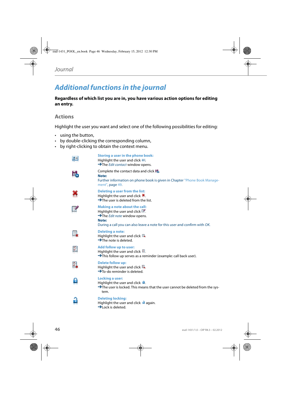 Additional functions in the journal, Actions, Additional | Functions in the journal, Seite 46, Explai, Journal | AASTRA 1560_1560ip User Guide User Manual | Page 46 / 104