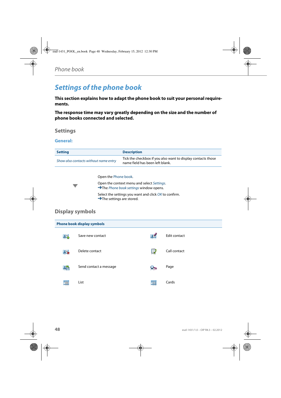 Settings of the phone book, Settings, Display symbols | Phone book | AASTRA 1560_1560ip User Guide User Manual | Page 48 / 104
