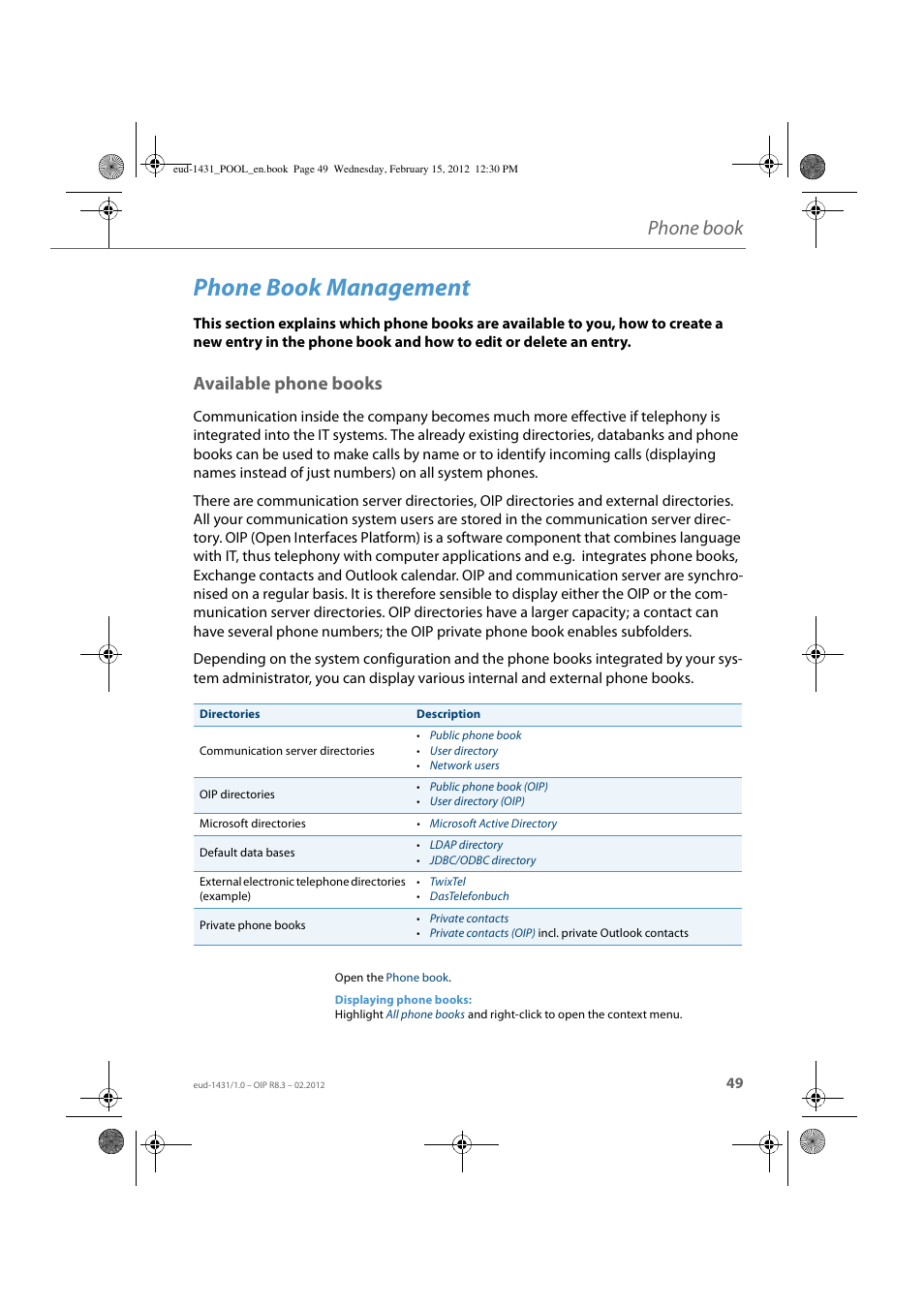 Phone book management, Available phone books, Phone book manage | Ment, Phone book | AASTRA 1560_1560ip User Guide User Manual | Page 49 / 104