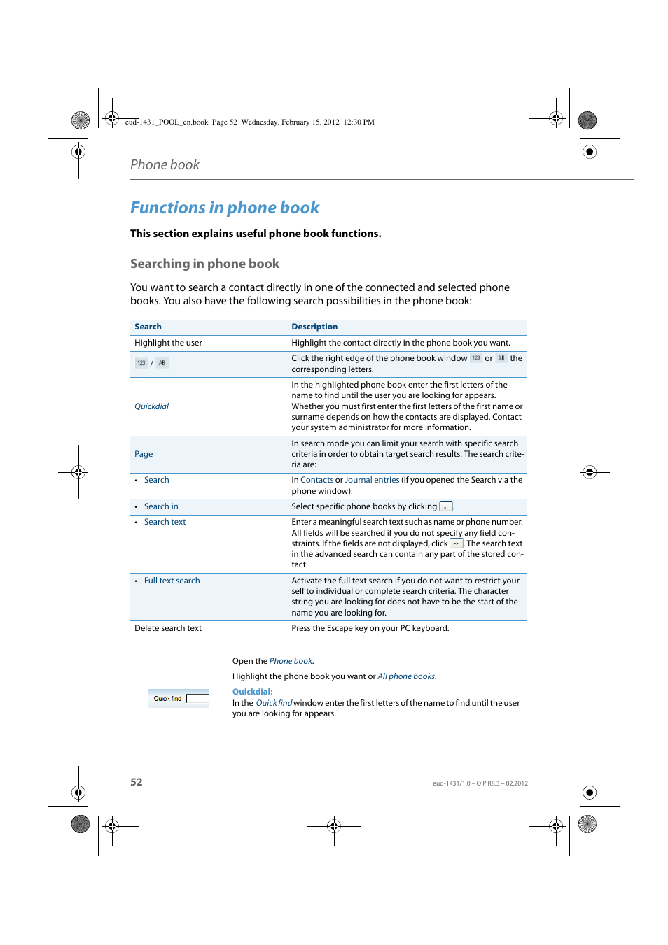 Functions in phone book, Searching in phone book, Functions | In phone book, Phone book | AASTRA 1560_1560ip User Guide User Manual | Page 52 / 104