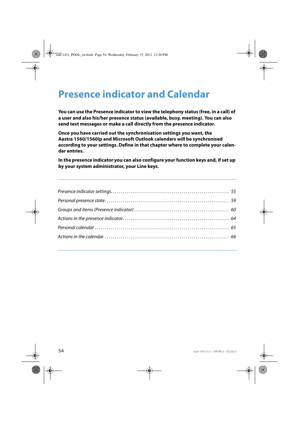 Presence indicator and calendar | AASTRA 1560_1560ip User Guide User Manual | Page 54 / 104