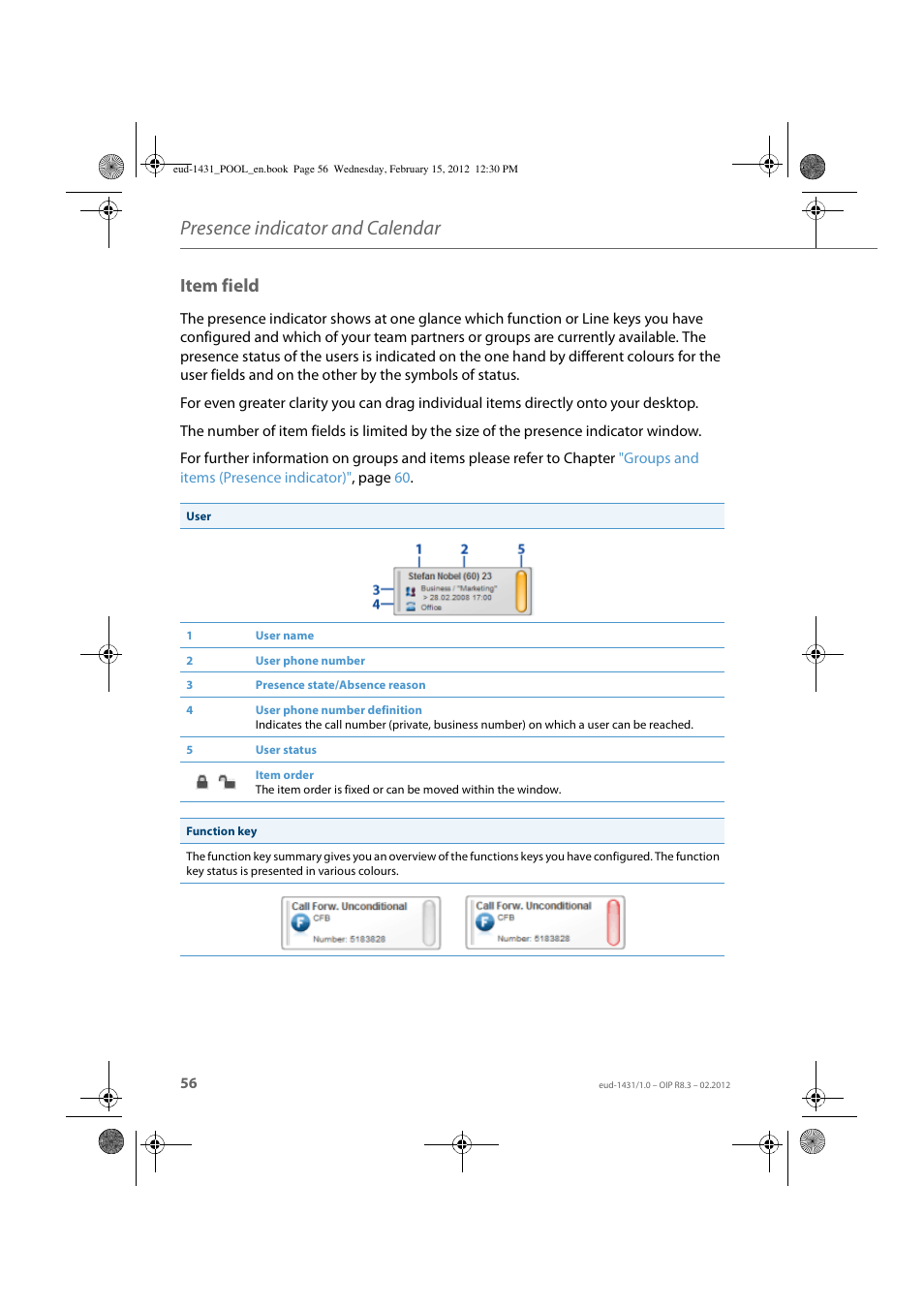 Item field, Presence indicator and calendar | AASTRA 1560_1560ip User Guide User Manual | Page 56 / 104