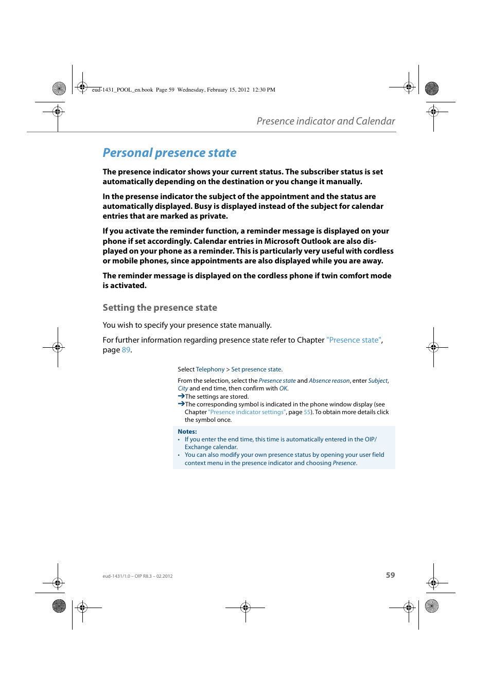 Personal presence state, Setting the presence state, Presence indicator and calendar | AASTRA 1560_1560ip User Guide User Manual | Page 59 / 104