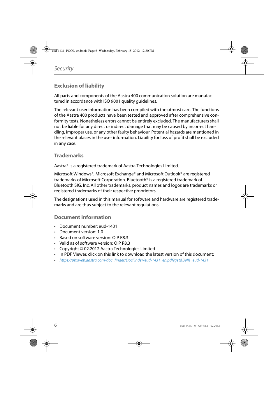 Eud-1431/1.0 – oip r8.3 – 02.2012, Exclusion of liability, Trademarks | Document information, Security | AASTRA 1560_1560ip User Guide User Manual | Page 6 / 104