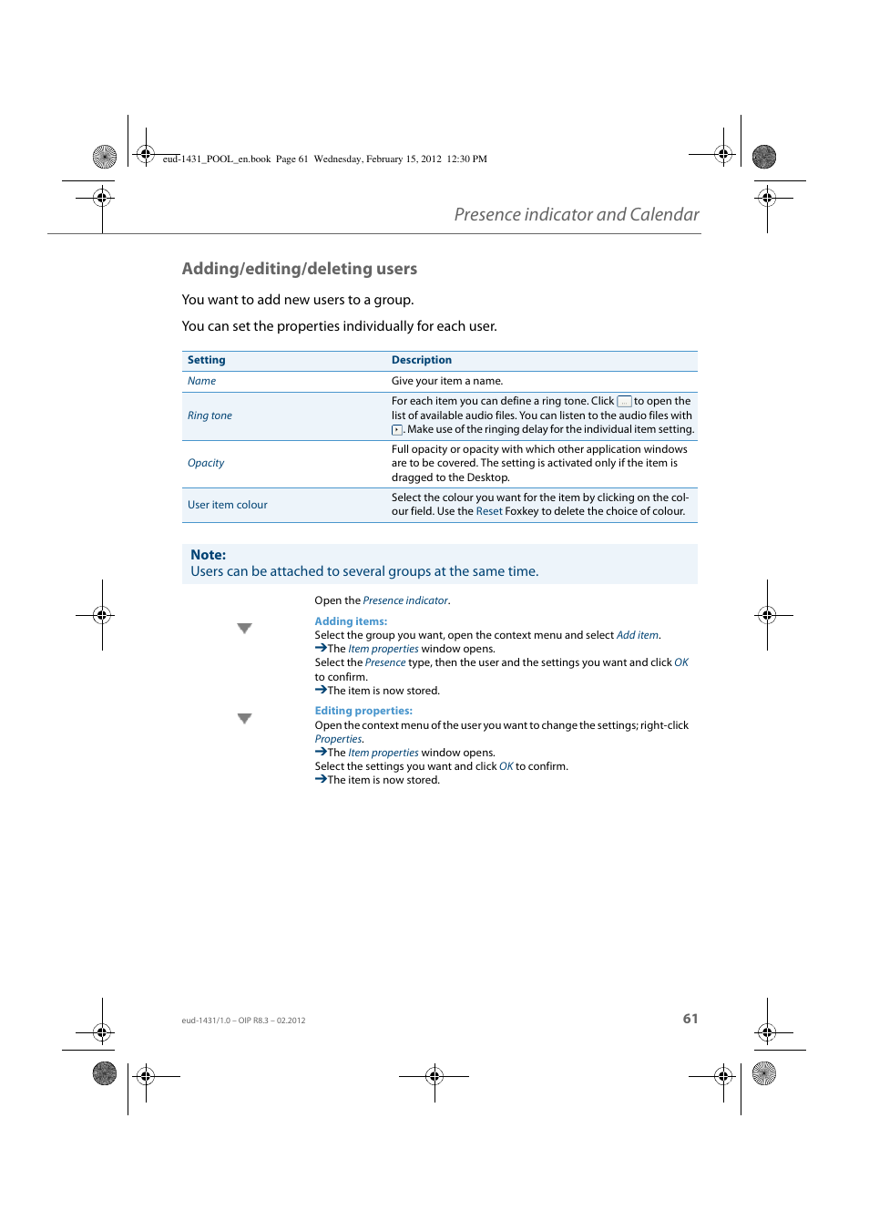 Adding/editing/deleting users, Presence indicator and calendar | AASTRA 1560_1560ip User Guide User Manual | Page 61 / 104