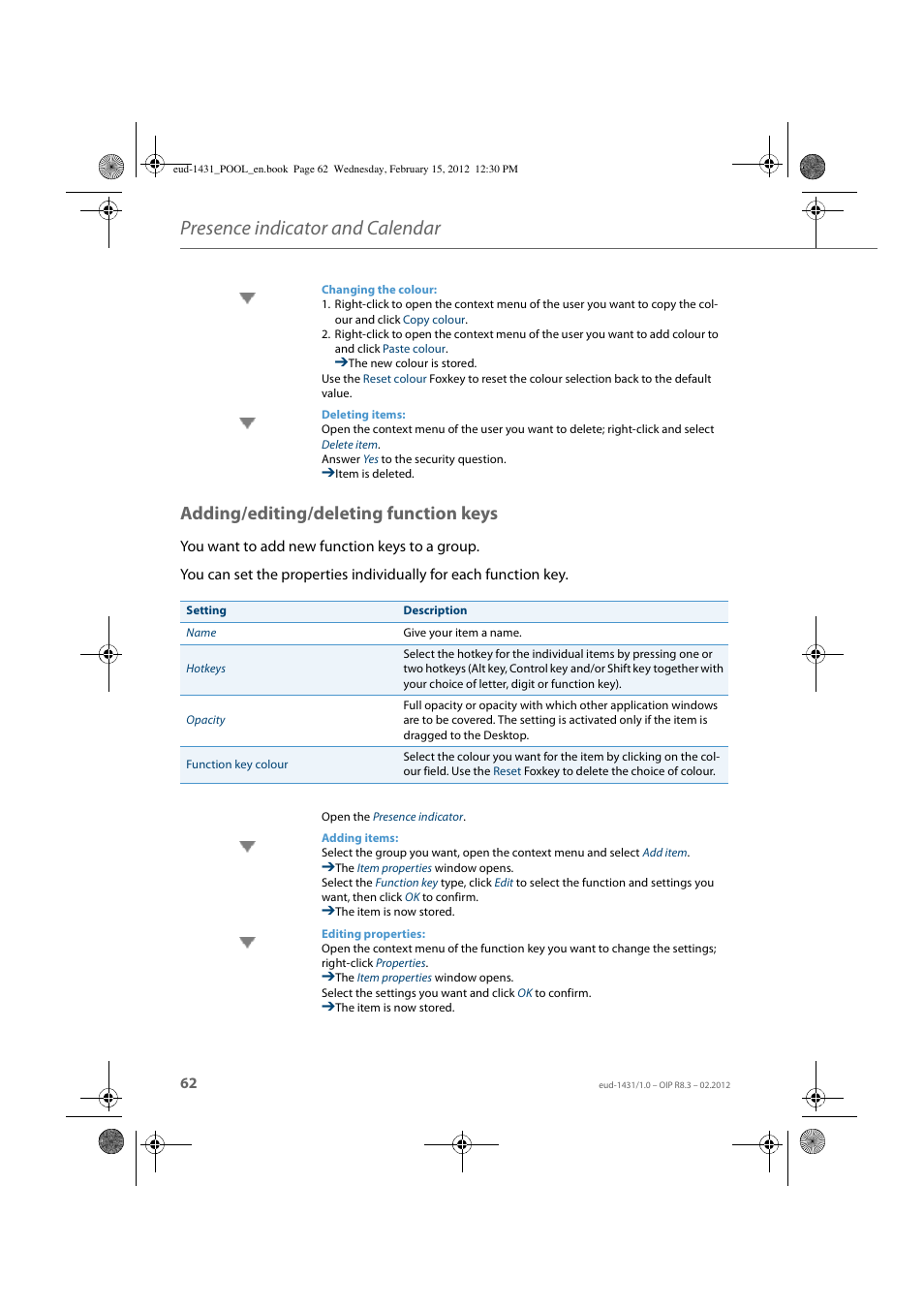 Adding/editing/deleting function keys, Presence indicator and calendar | AASTRA 1560_1560ip User Guide User Manual | Page 62 / 104