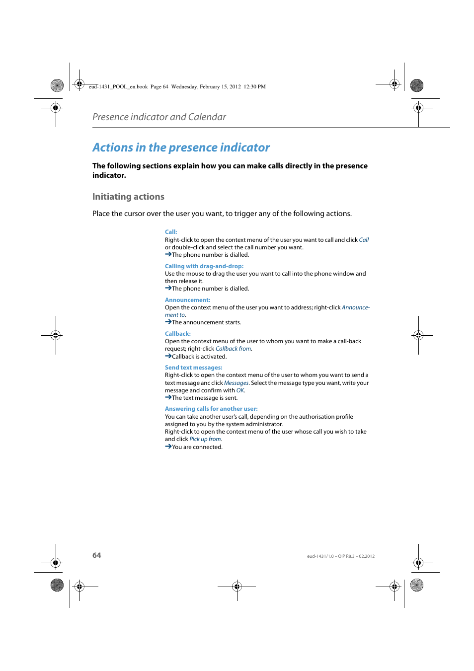 Actions in the presence indicator, Initiating actions, Presence indicator and calendar | AASTRA 1560_1560ip User Guide User Manual | Page 64 / 104