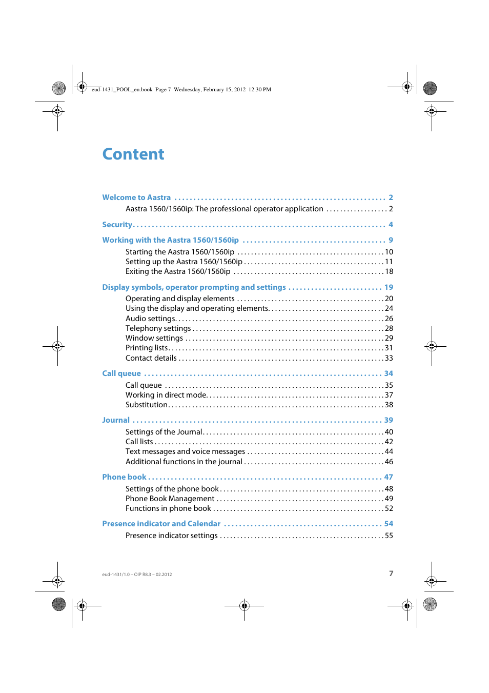 Content | AASTRA 1560_1560ip User Guide User Manual | Page 7 / 104