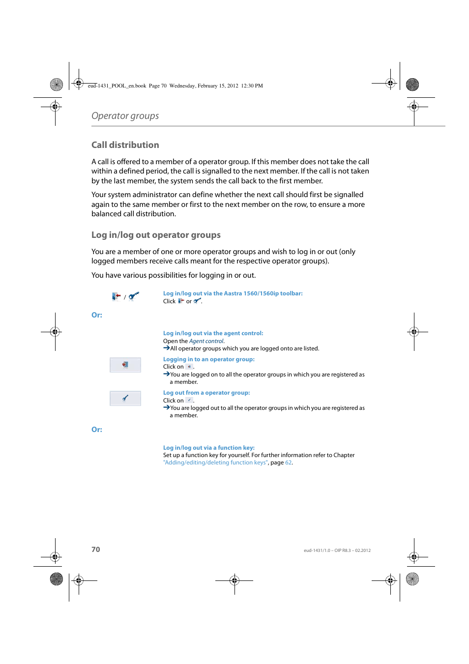 Call distribution, Log in/log out operator groups, Operator groups | AASTRA 1560_1560ip User Guide User Manual | Page 70 / 104