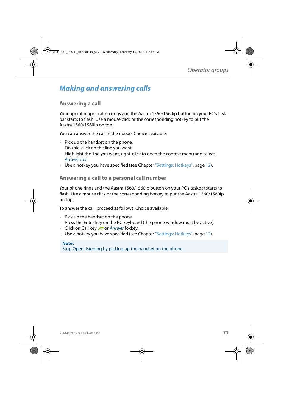 Making and answering calls, Answering a call, Answering a call to a personal call number | Operator groups | AASTRA 1560_1560ip User Guide User Manual | Page 71 / 104