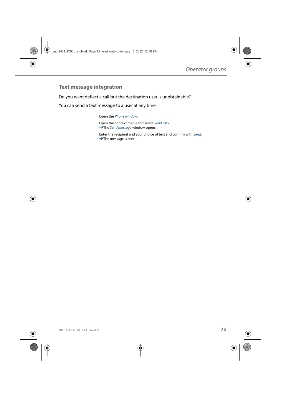 Text message integration, Operator groups | AASTRA 1560_1560ip User Guide User Manual | Page 75 / 104