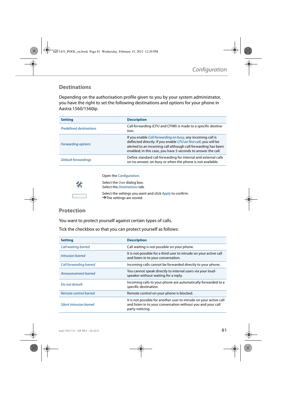 Destinations, Protection, Configuration | AASTRA 1560_1560ip User Guide User Manual | Page 81 / 104