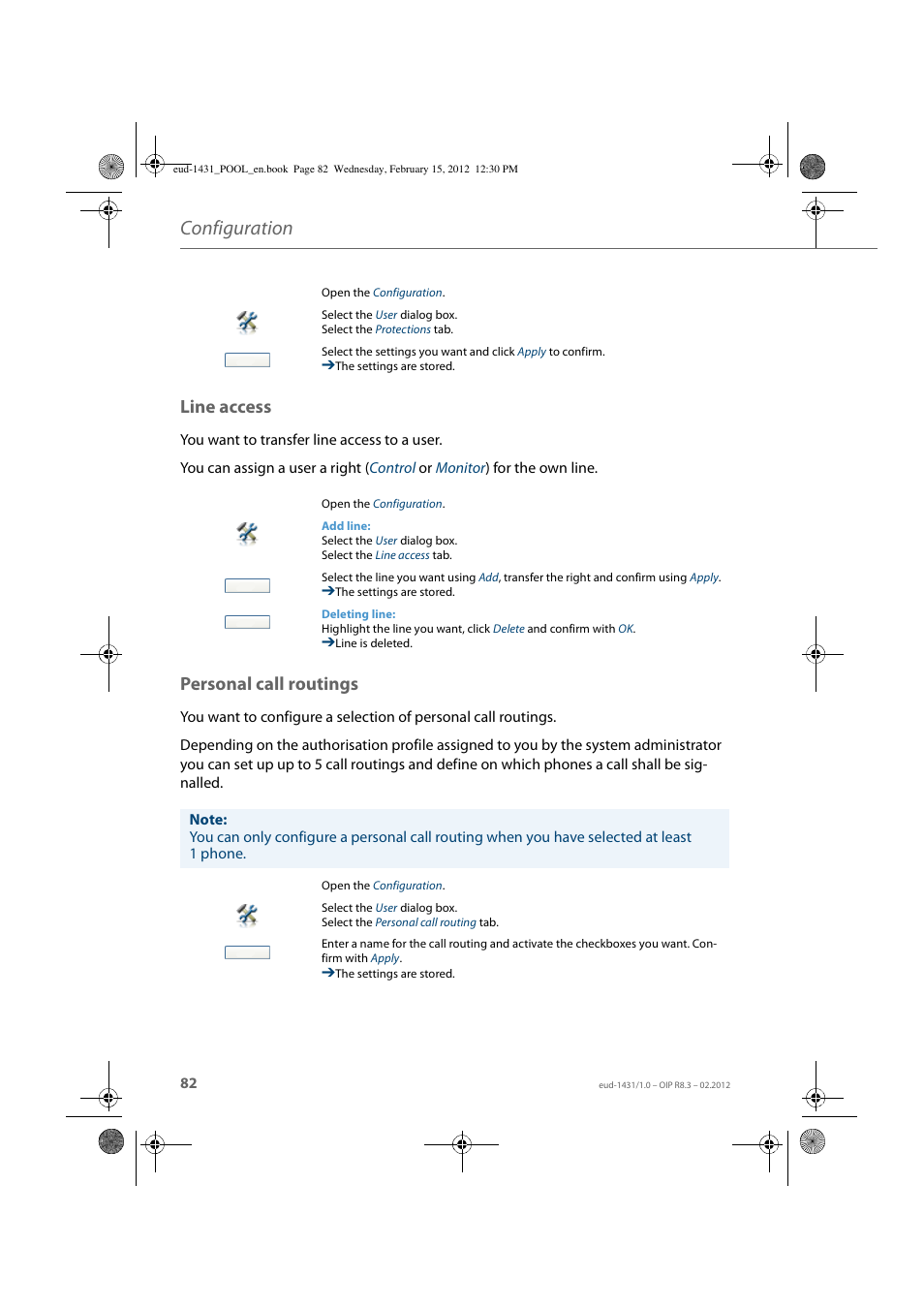 Line access, Personal call routings, Configuration | AASTRA 1560_1560ip User Guide User Manual | Page 82 / 104