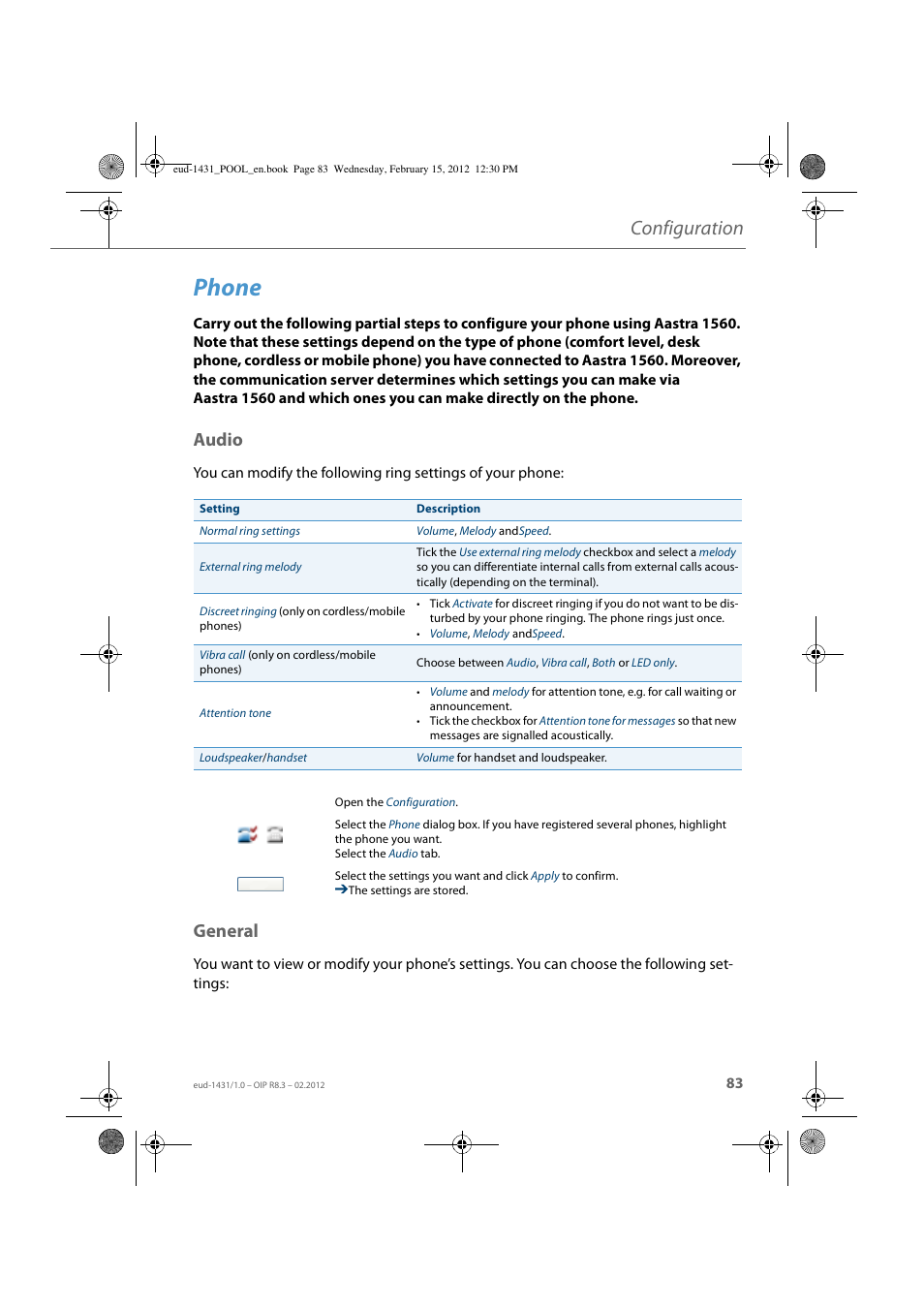 Phone, Audio, General | Configuration | AASTRA 1560_1560ip User Guide User Manual | Page 83 / 104