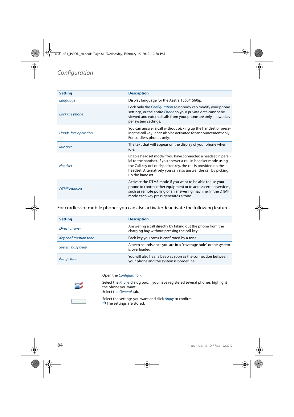 Configuration | AASTRA 1560_1560ip User Guide User Manual | Page 84 / 104