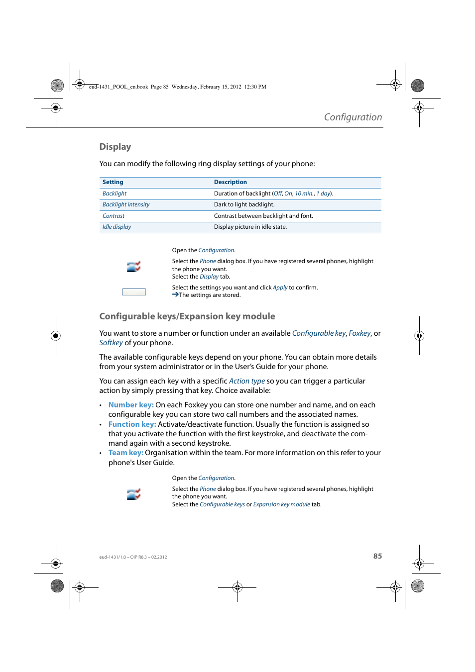 Display, Configurable keys/expansion key module, Configuration | AASTRA 1560_1560ip User Guide User Manual | Page 85 / 104