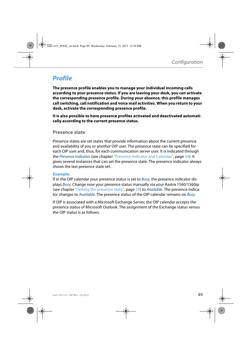 Profile, Presence state, Configuration | AASTRA 1560_1560ip User Guide User Manual | Page 89 / 104
