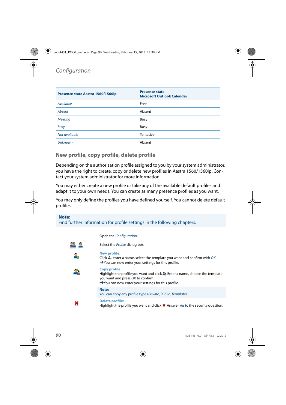 New profile, copy profile, delete profile, Configuration | AASTRA 1560_1560ip User Guide User Manual | Page 90 / 104