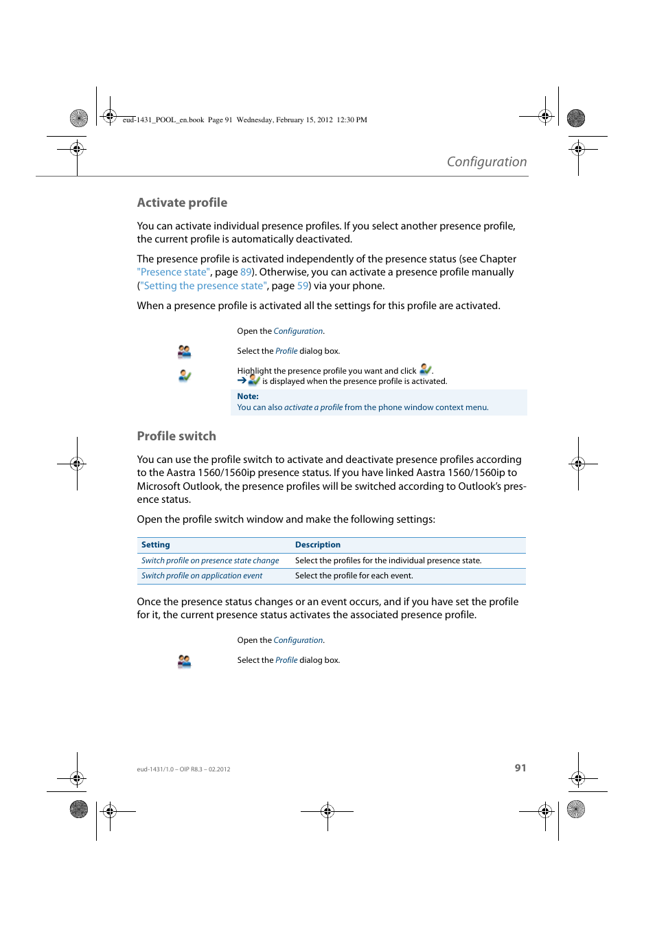 Activate profile, Profile switch, Configuration | AASTRA 1560_1560ip User Guide User Manual | Page 91 / 104