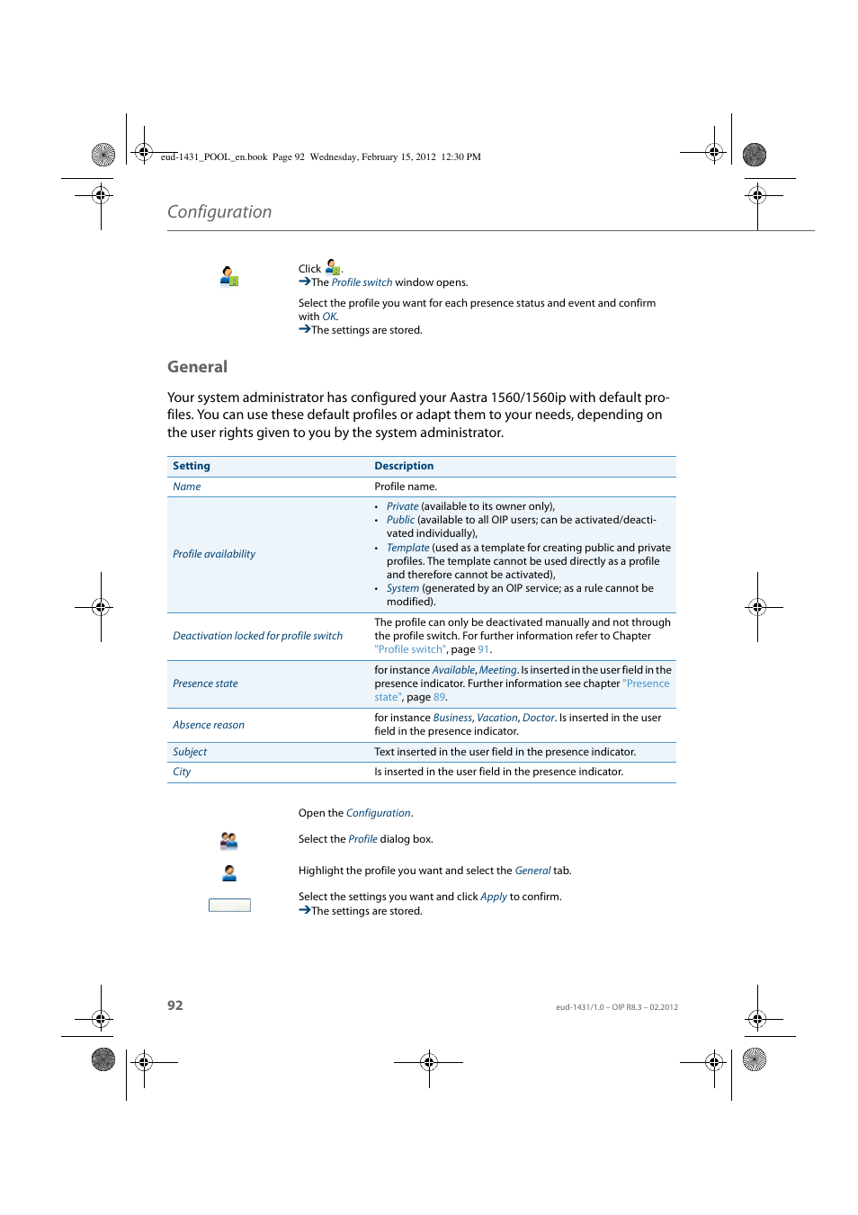 General, Configuration | AASTRA 1560_1560ip User Guide User Manual | Page 92 / 104
