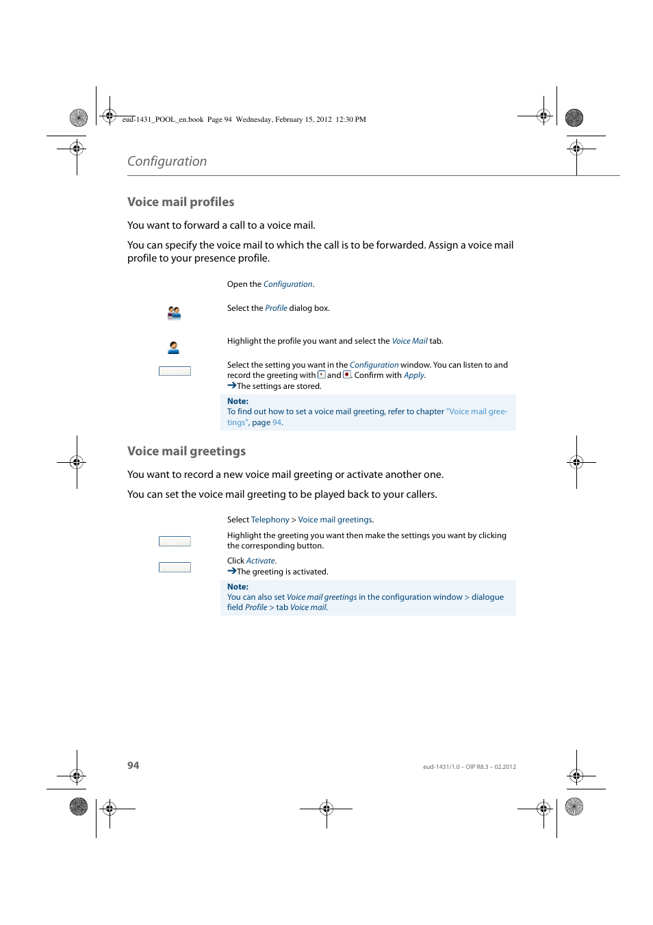 Voice mail profiles, Voice mail greetings, Chapter | Voice mail, Greetings, Configuration | AASTRA 1560_1560ip User Guide User Manual | Page 94 / 104