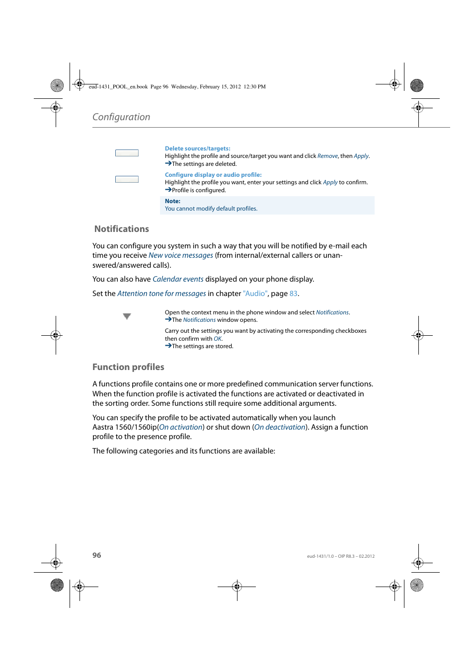 Notifications, Function profiles, Configuration | AASTRA 1560_1560ip User Guide User Manual | Page 96 / 104