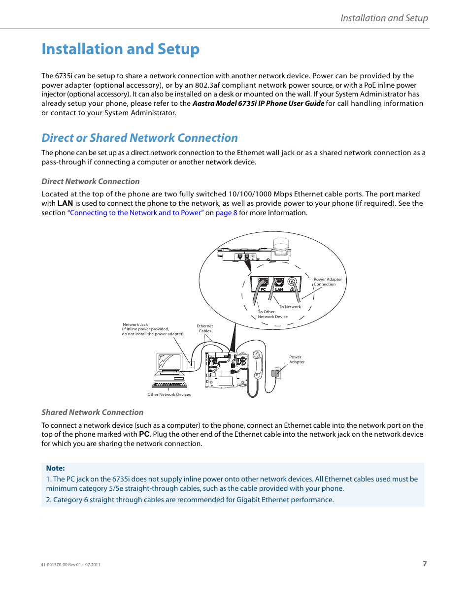 Installation and setup, Direct or shared network connection, Direct network connection | Shared network connection | AASTRA 6735i Installation Guide EN User Manual | Page 11 / 28