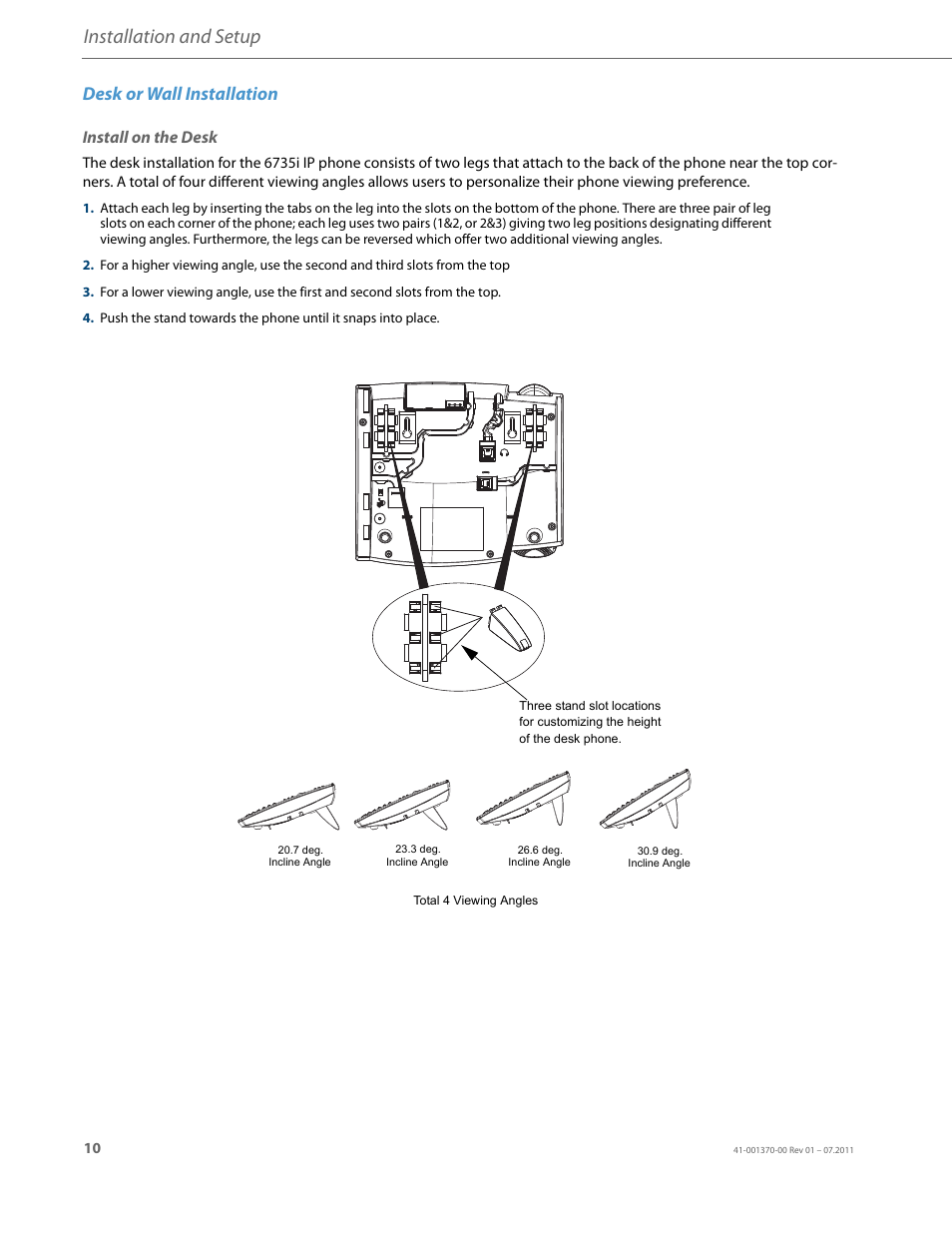 Desk or wall installation, Install on the desk, Installation and setup | AASTRA 6735i Installation Guide EN User Manual | Page 14 / 28