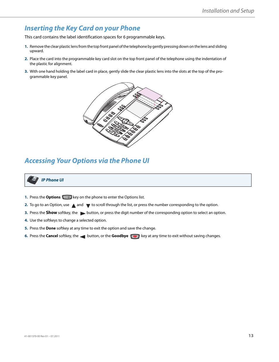 Inserting the key card on your phone, Accessing your options via the phone ui, Accessing | Your options via the phone ui, Installation and setup | AASTRA 6735i Installation Guide EN User Manual | Page 17 / 28