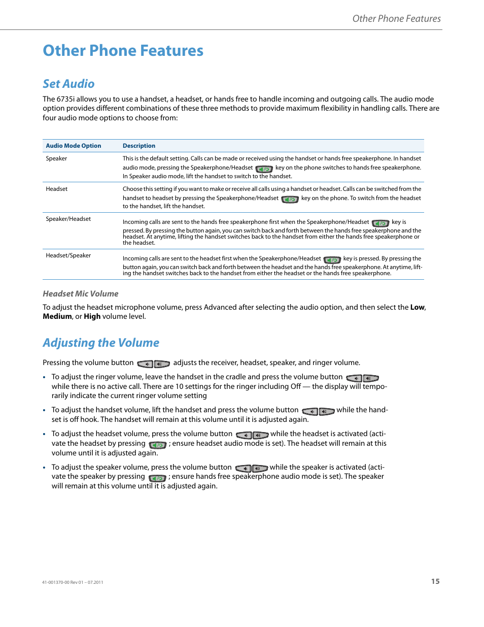 Other phone features, Set audio, Headset mic volume | Adjusting the volume, Adjusting the, Volume | AASTRA 6735i Installation Guide EN User Manual | Page 19 / 28