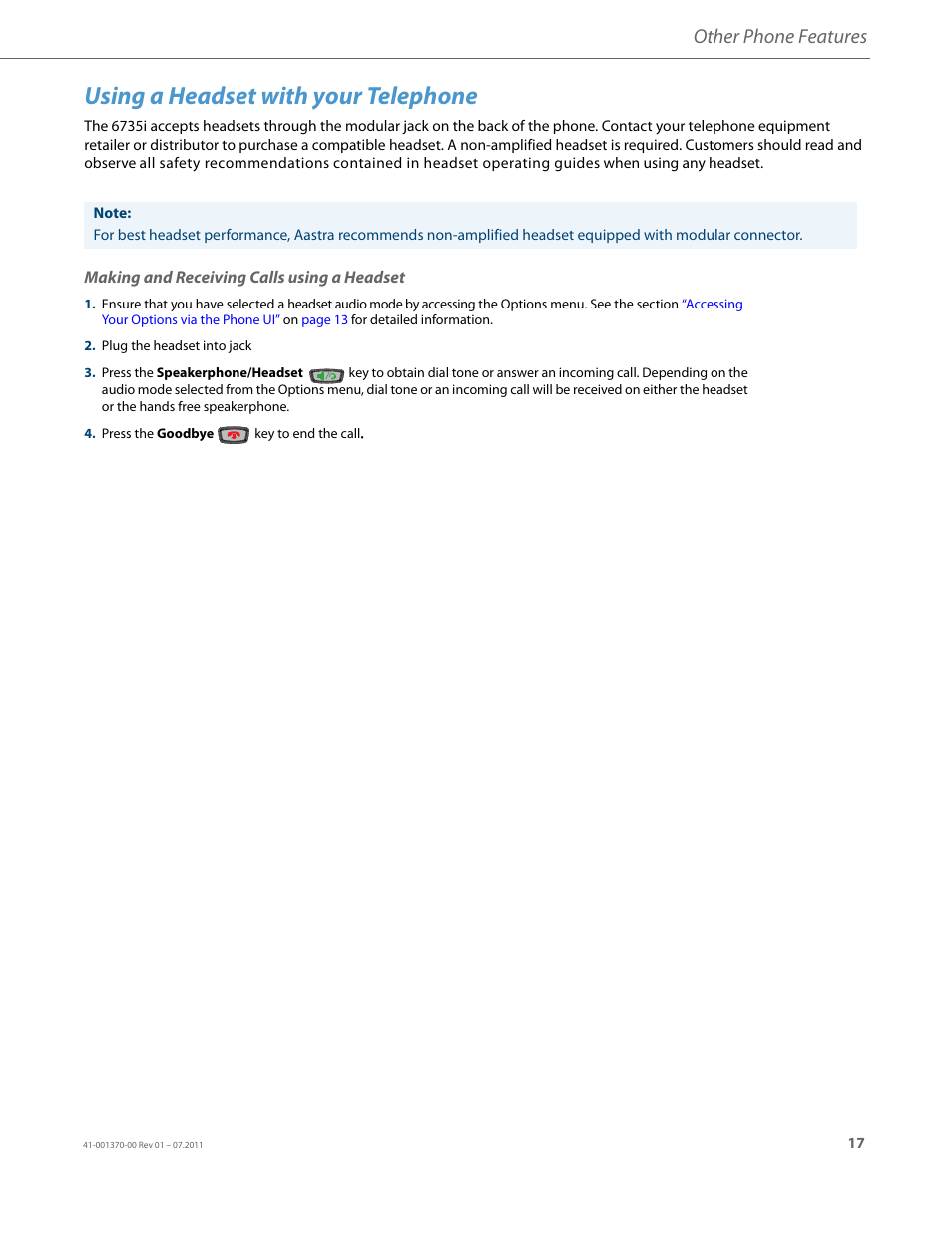 Using a headset with your telephone, Making and receiving calls using a headset, Other phone features | AASTRA 6735i Installation Guide EN User Manual | Page 21 / 28