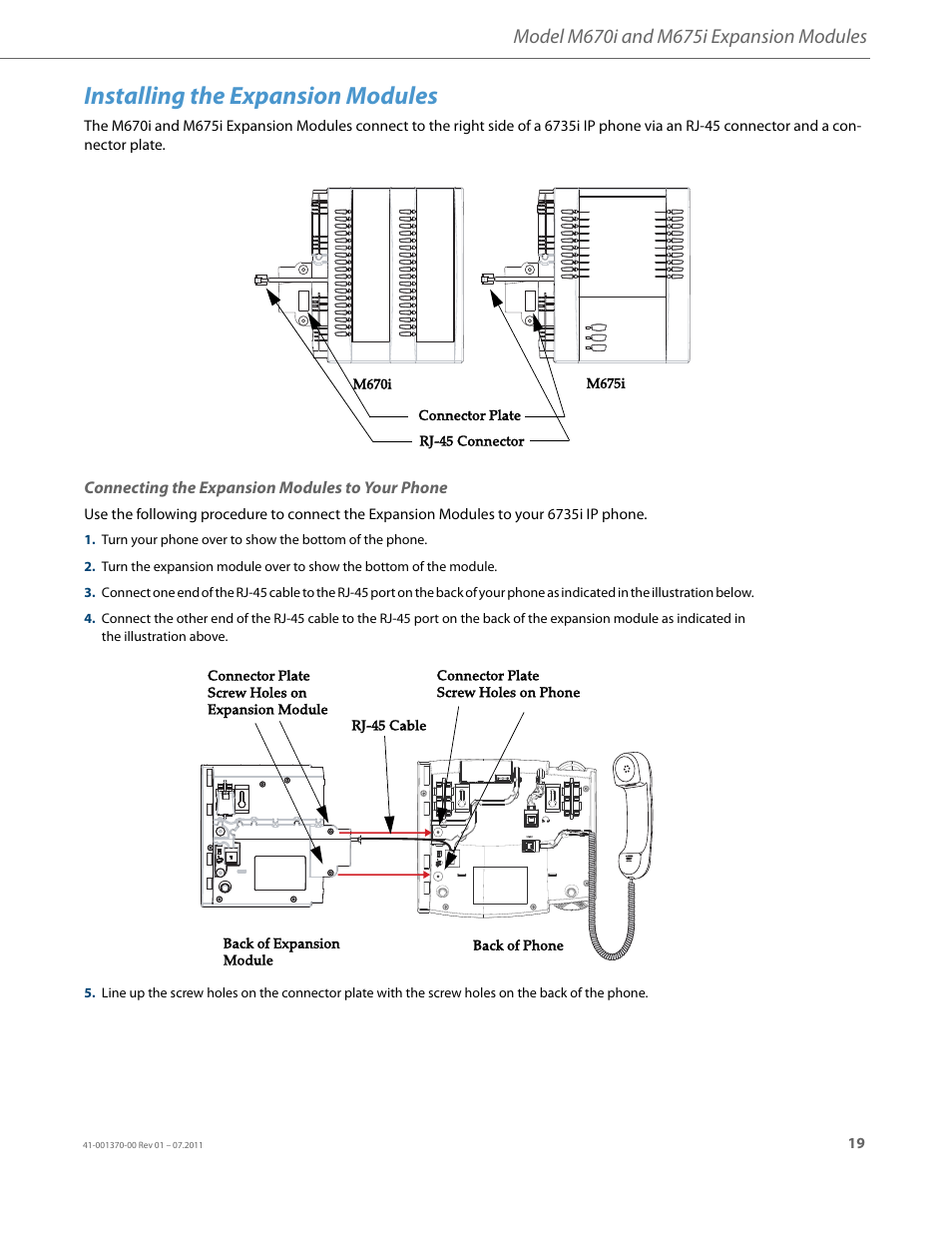 Installing the expansion modules, Connecting the expansion modules to your phone | AASTRA 6735i Installation Guide EN User Manual | Page 23 / 28