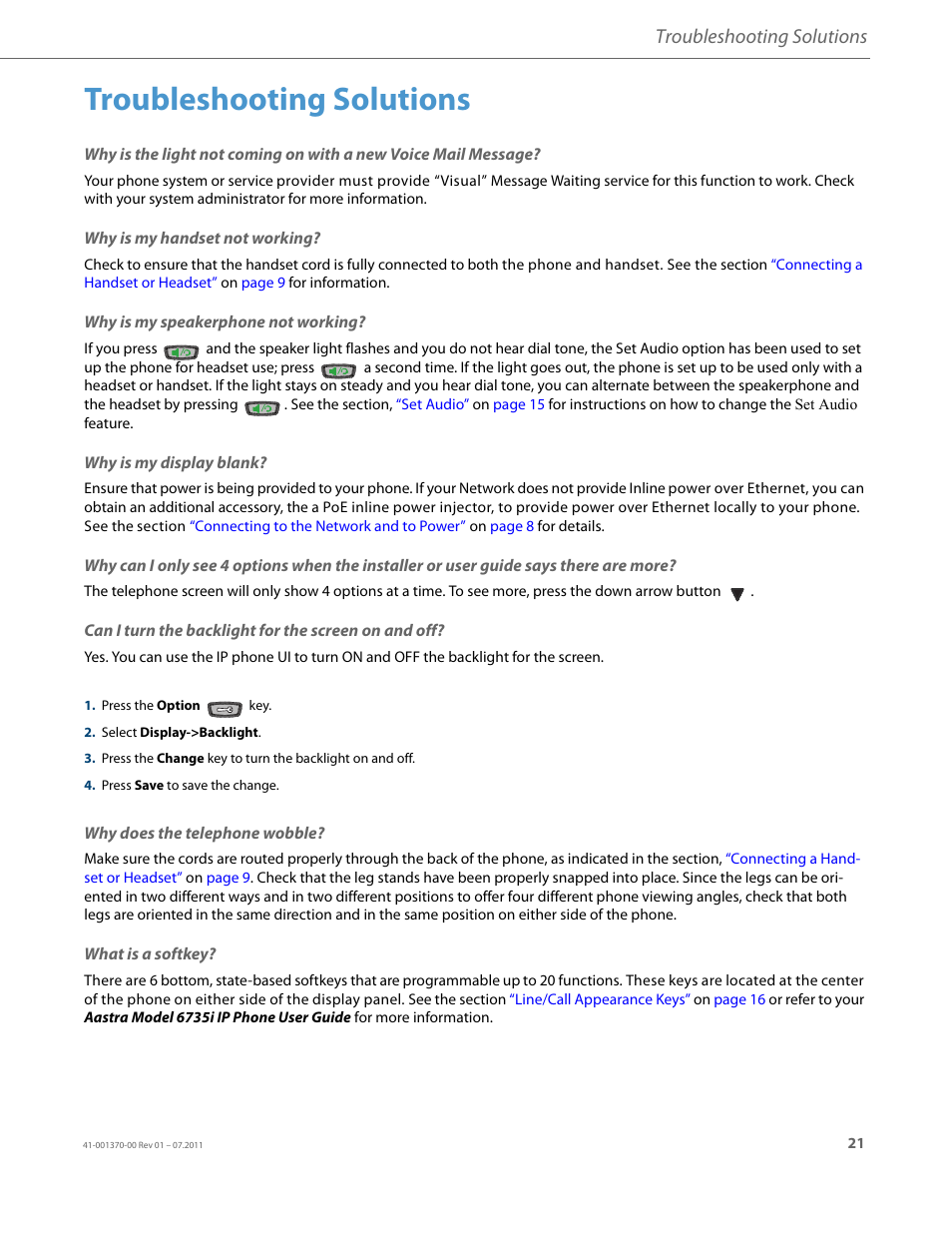 Troubleshooting solutions, Why is my handset not working, Why is my speakerphone not working | Why is my display blank, Can i turn the backlight for the screen on and off, Why does the telephone wobble, What is a softkey | AASTRA 6735i Installation Guide EN User Manual | Page 25 / 28