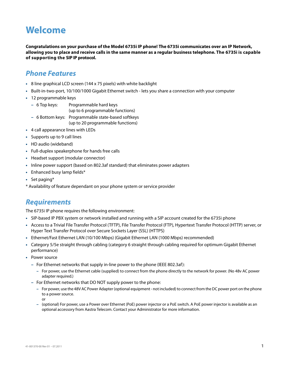 Welcome, Phone features, Requirements | AASTRA 6735i Installation Guide EN User Manual | Page 5 / 28