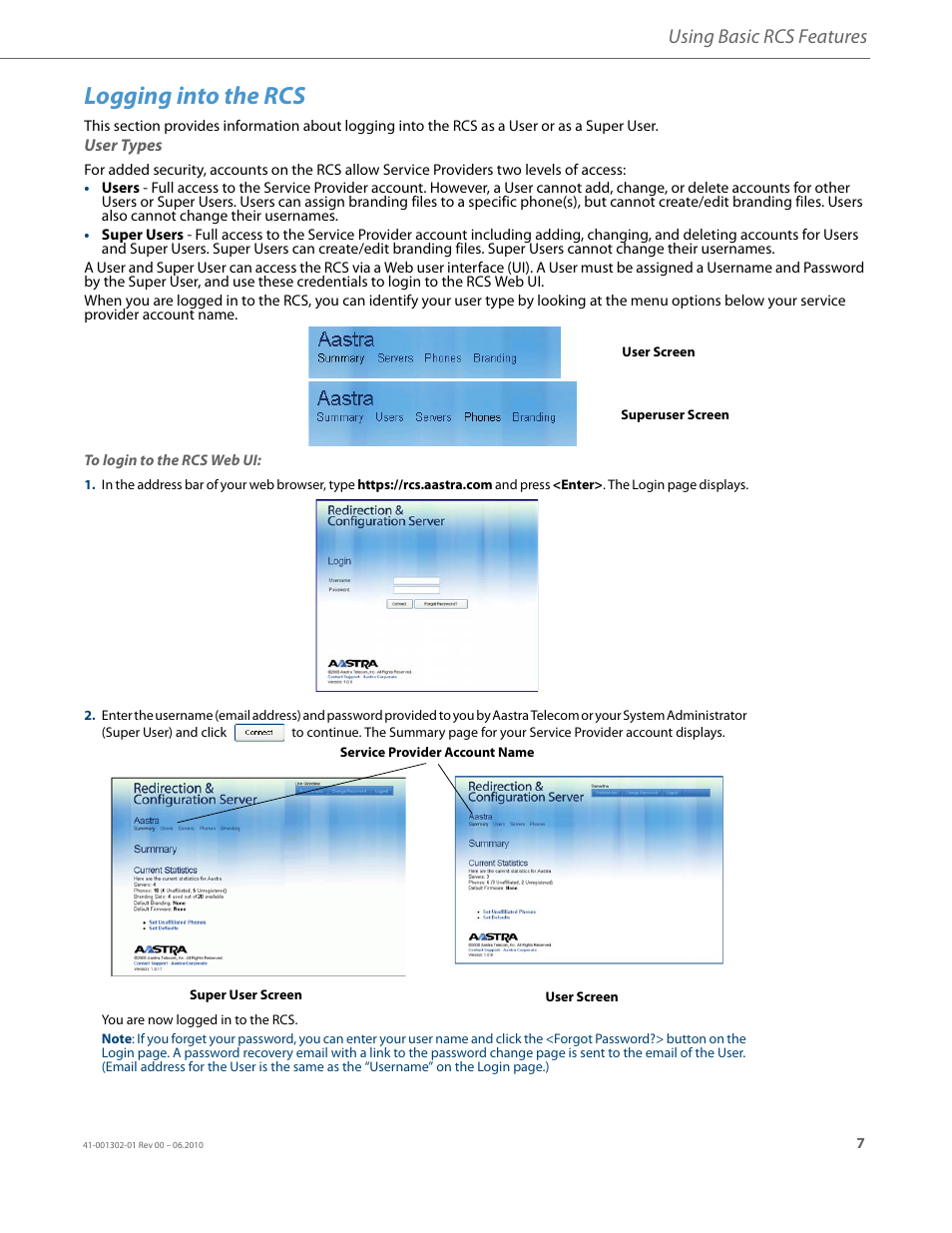 Logging into the rcs, User types, Using basic rcs features | AASTRA Re-direction Services (RCS) User Guide EN User Manual | Page 11 / 61