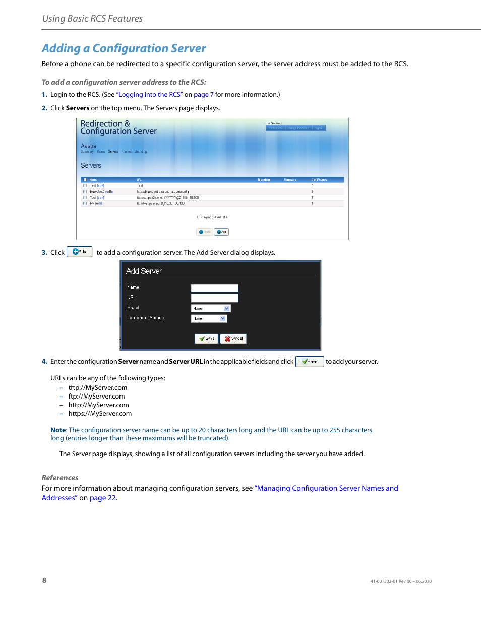 Adding a configuration server, Using basic rcs features | AASTRA Re-direction Services (RCS) User Guide EN User Manual | Page 12 / 61