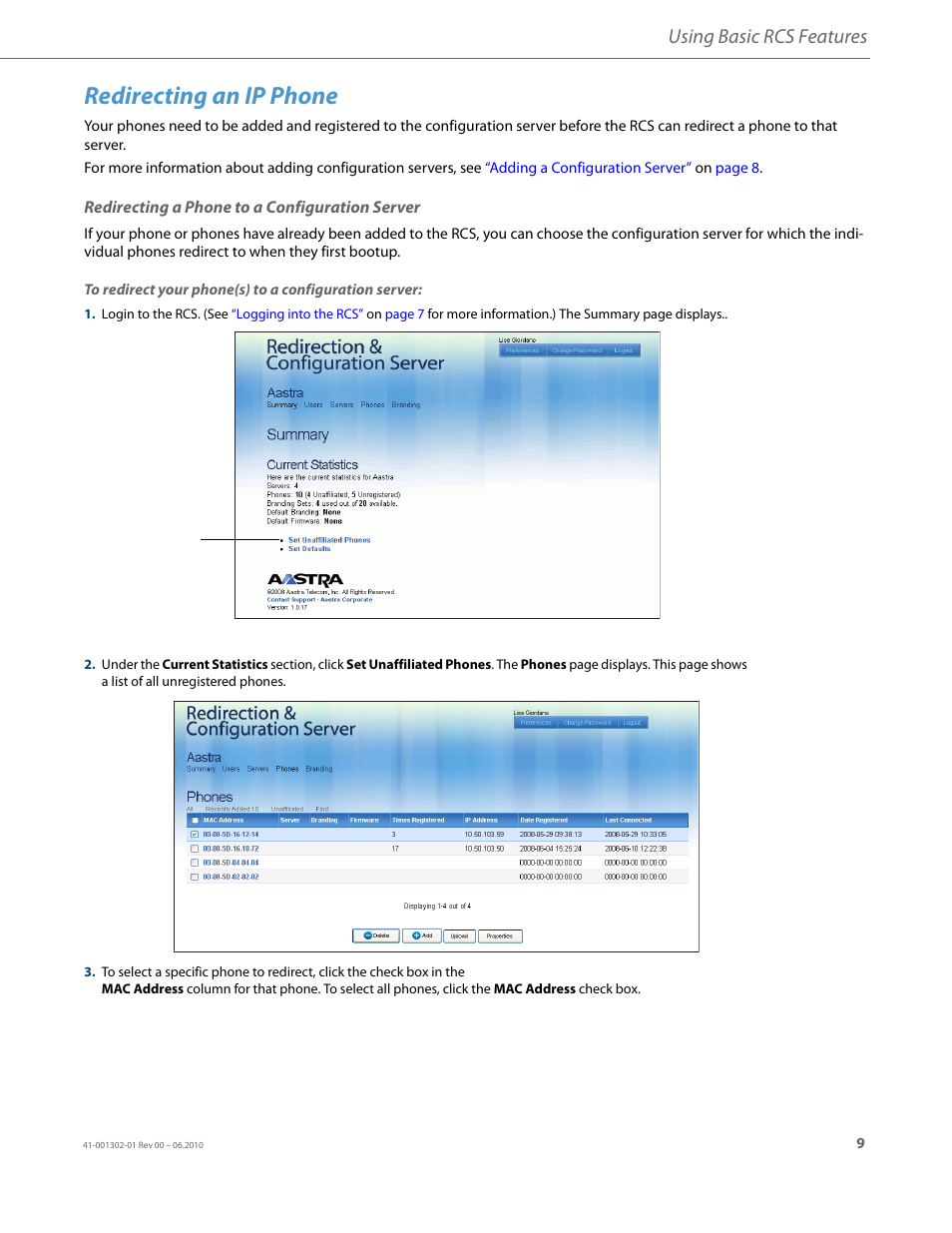 Redirecting an ip phone, Redirecting a phone to a configuration server, Using basic rcs features | AASTRA Re-direction Services (RCS) User Guide EN User Manual | Page 13 / 61