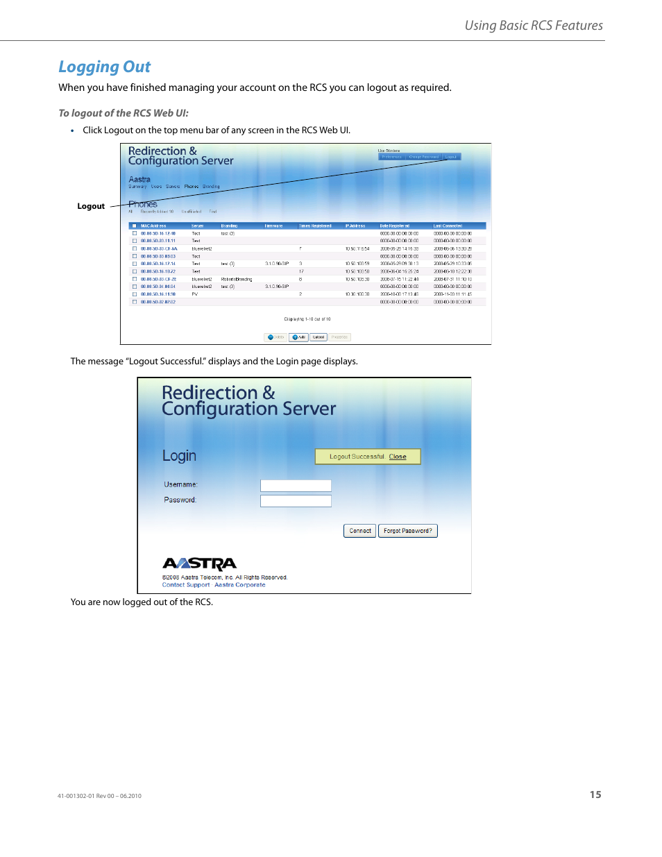 Logging out, Using basic rcs features | AASTRA Re-direction Services (RCS) User Guide EN User Manual | Page 19 / 61